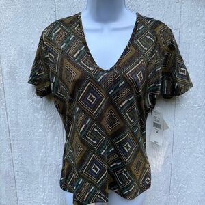 Karen Kane Geometric Sparkly Short Sleeve V-Neck T-Shirt Top M w Flaw